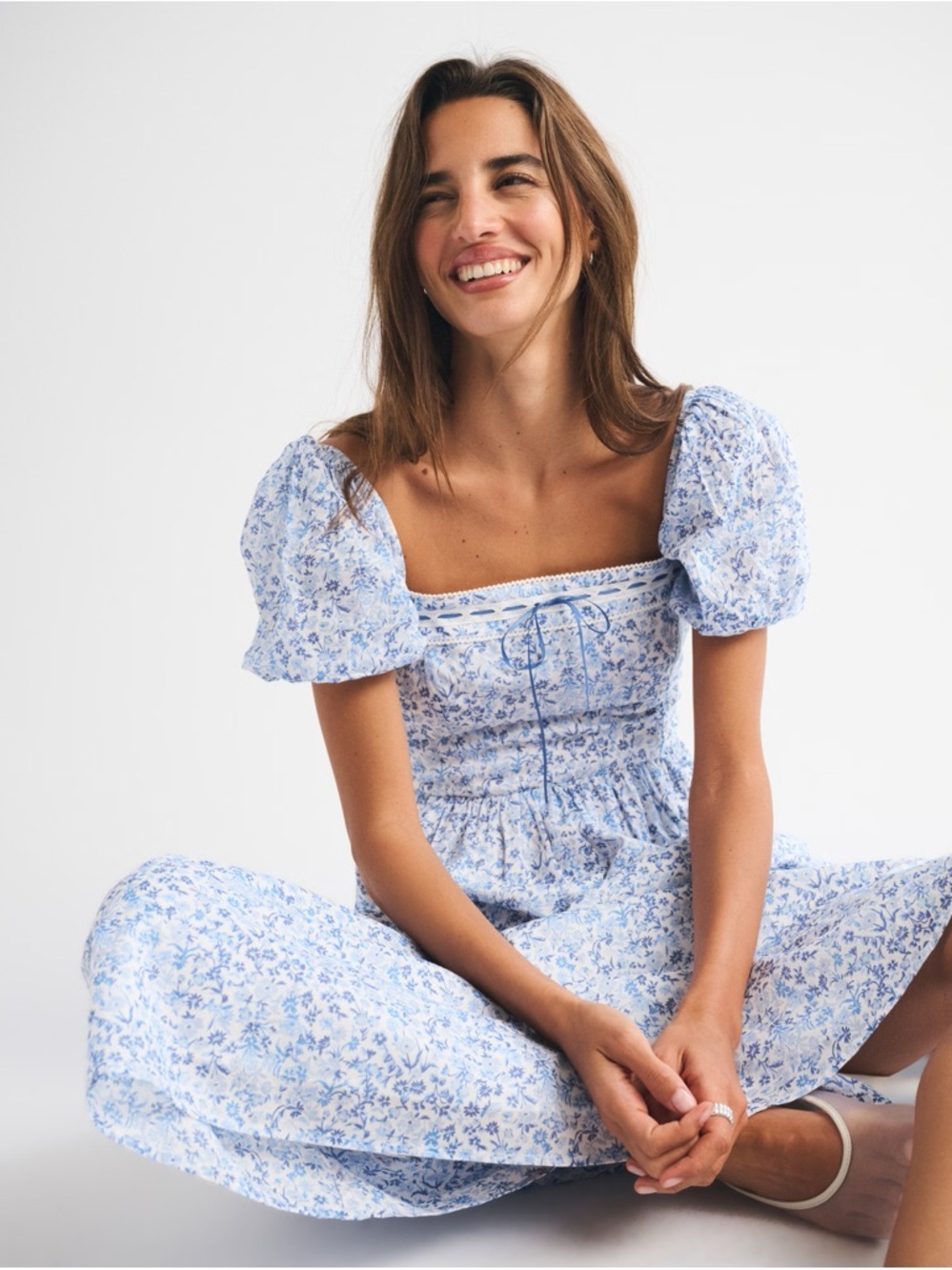 Abercrombie Blue Floral Puff-Sleeve Midi Dress